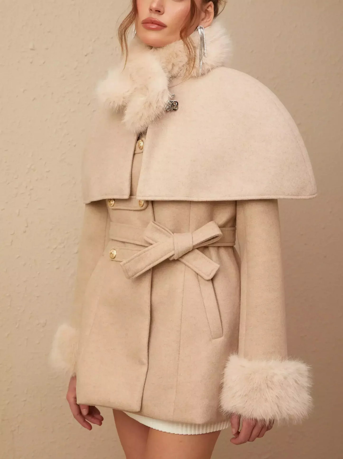 Beige Detachable Faux-Fur Cape Coat featuring a stylish fur trim for versatile style
