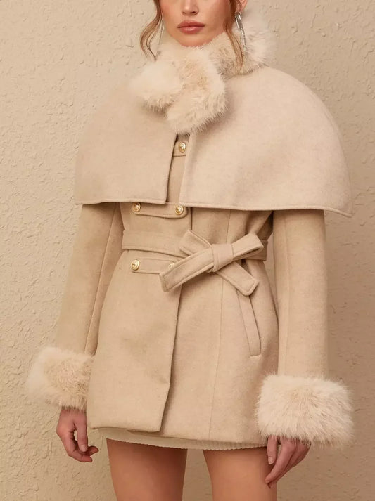 Detachable Faux-Fur Cape Coat in Beige featuring a chic fur trim for versatile style