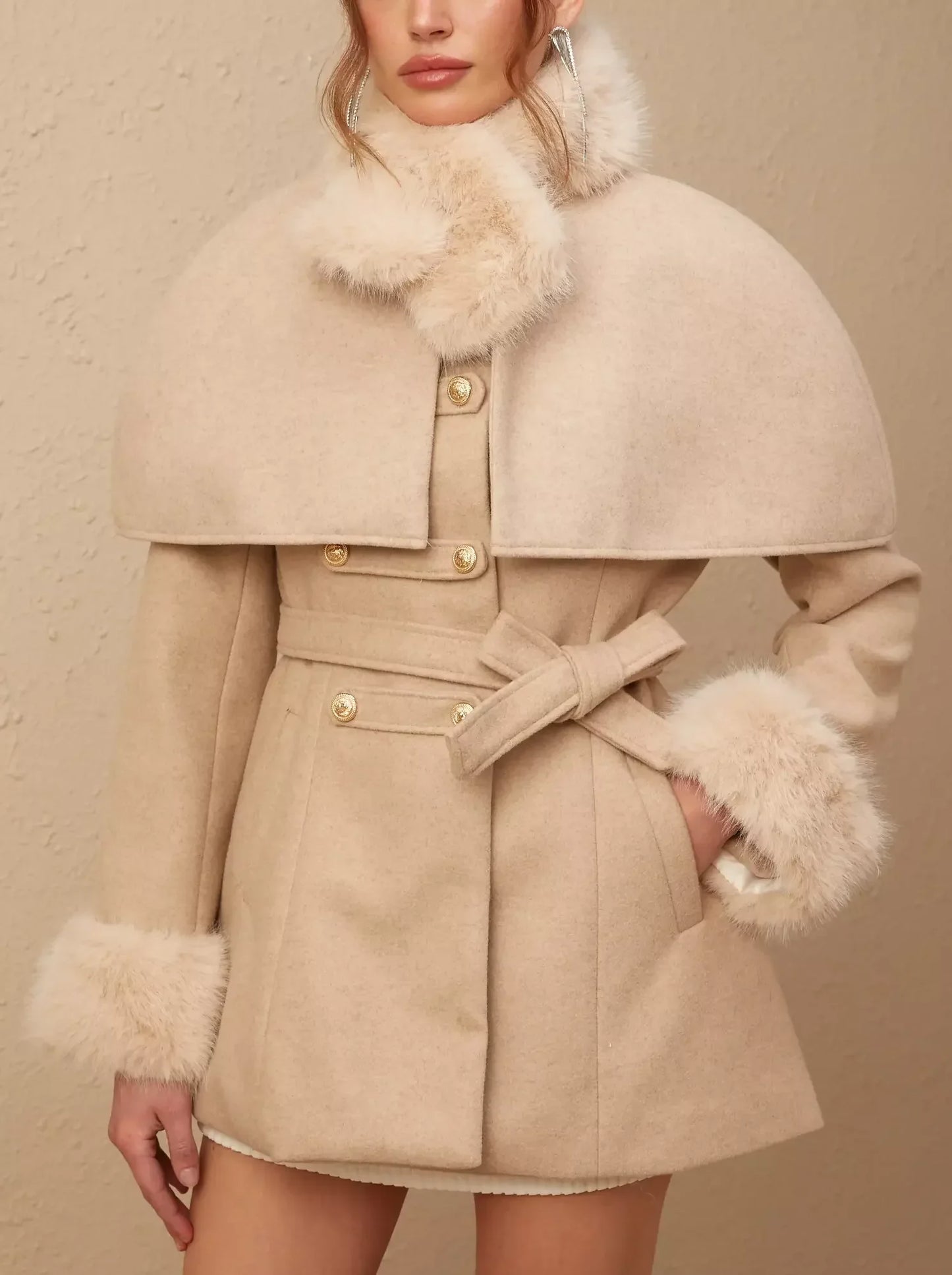 Beige Detachable Faux-Fur Cape Coat featuring versatile style and luxurious trim