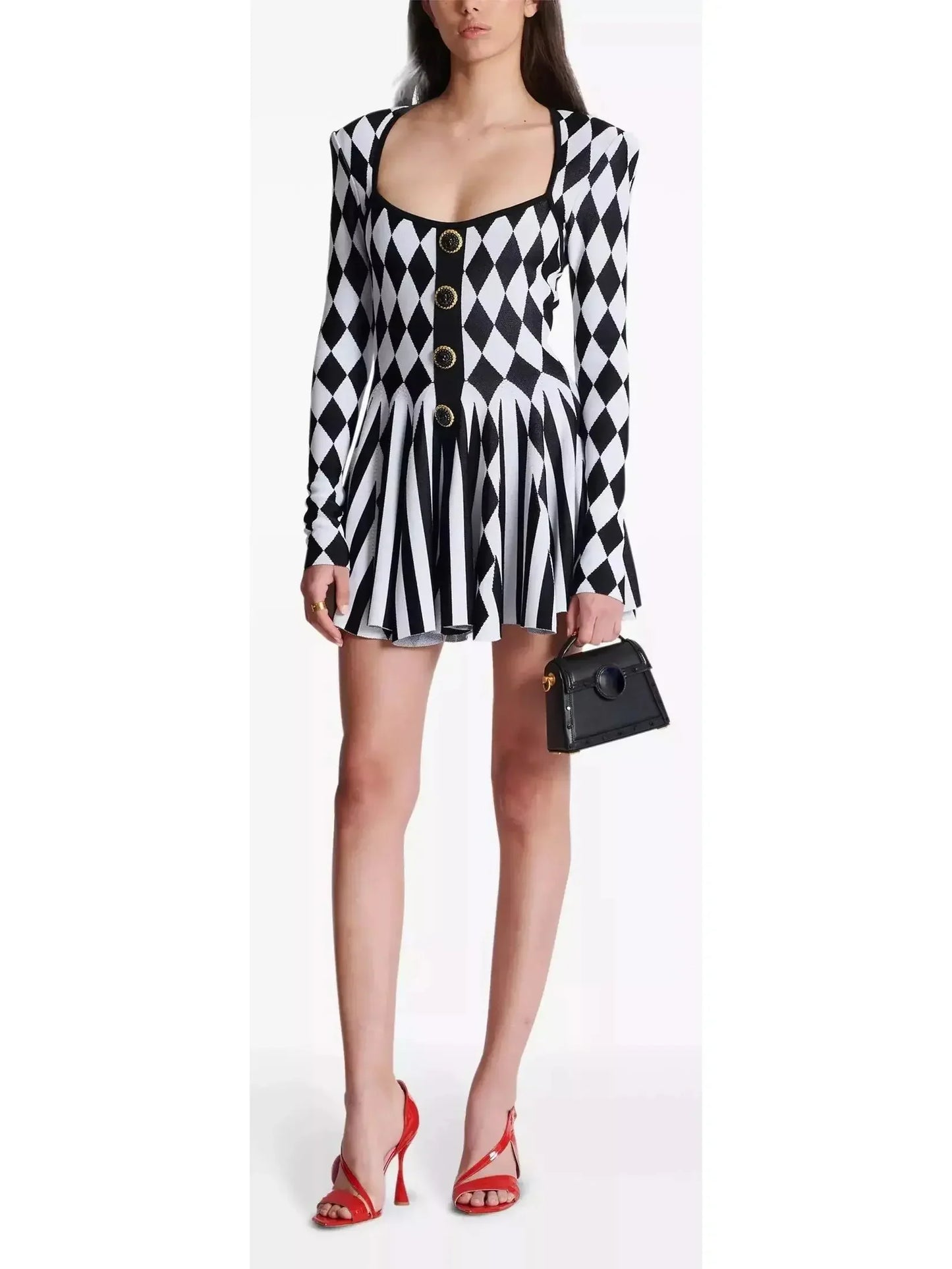 Diamond Jacquard Flared Knit Dress - Dresses