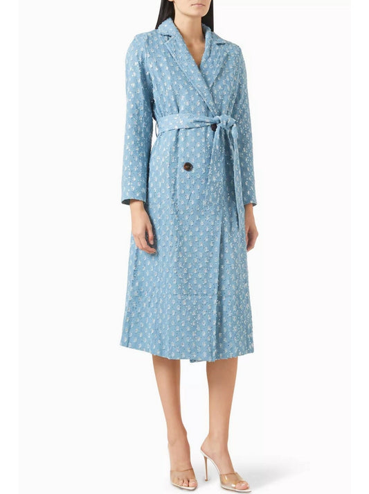 Light blue patterned trench coat from the Distressed Double-Breasted Sequined Denim collection