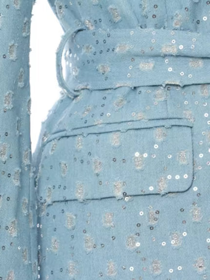 Light blue patterned Distressed Double-Breasted Sequined Denim Trench Coat