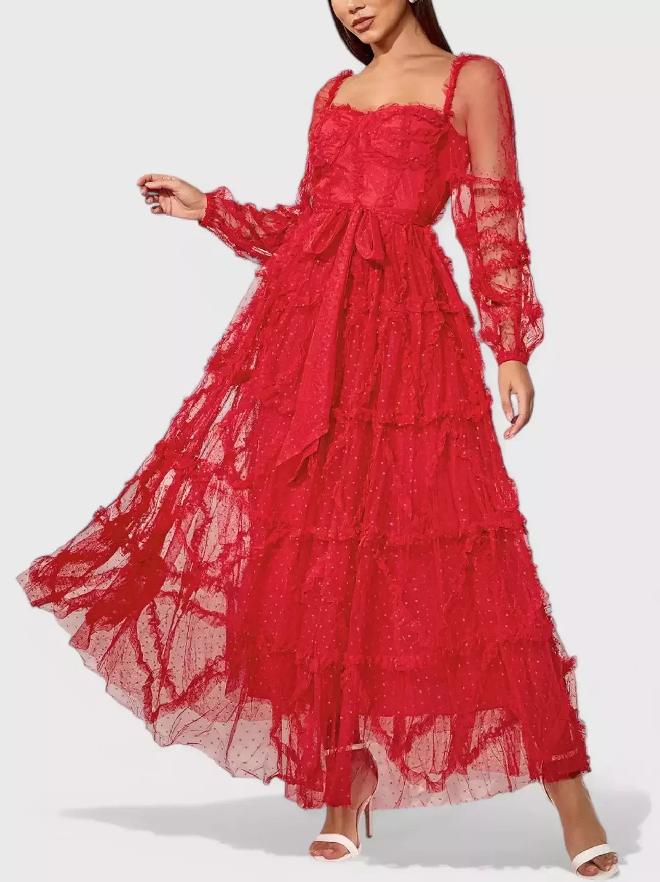 Dotted Red Ruffled Tulle and Mesh Long Dress - Dresses