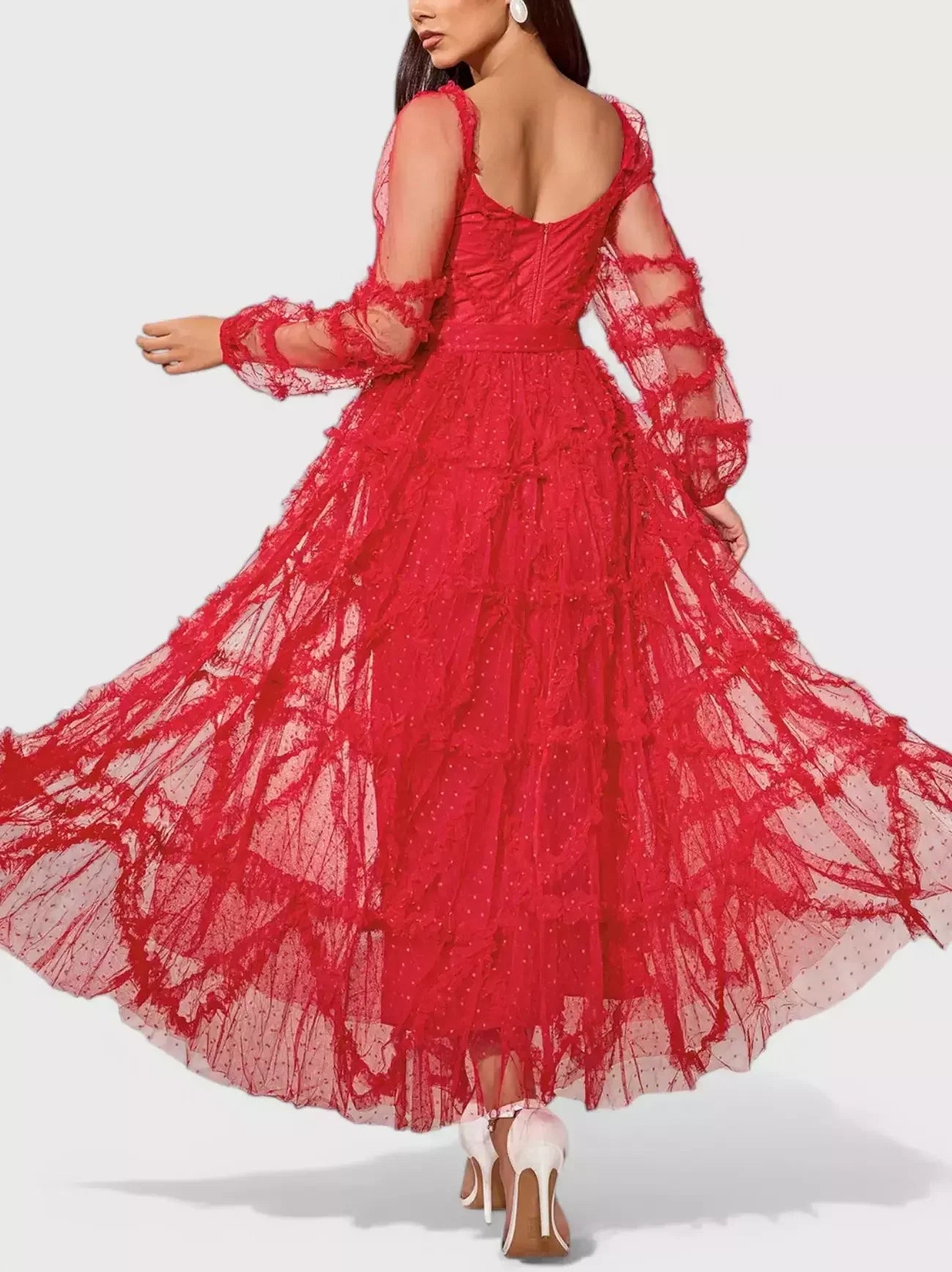 Dotted Red Ruffled Tulle and Mesh Long Dress - Dresses