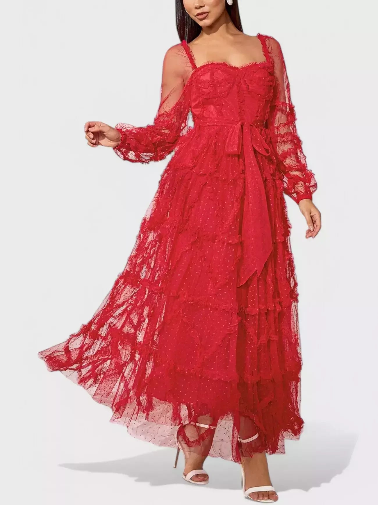 Dotted Red Ruffled Tulle and Mesh Long Dress - Dresses