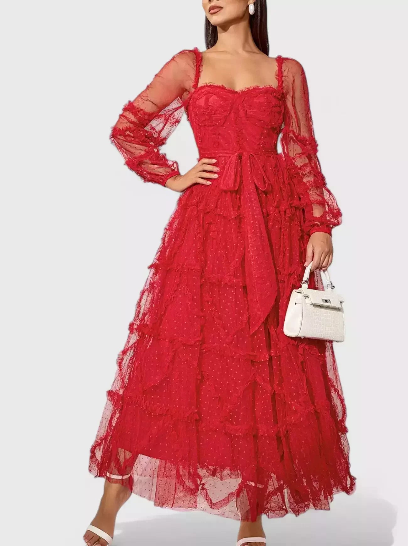 Dotted Red Ruffled Tulle and Mesh Long Dress - Dresses