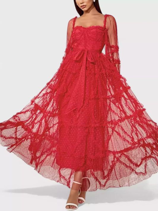 Dotted Red Ruffled Tulle and Mesh Long Dress - Dresses