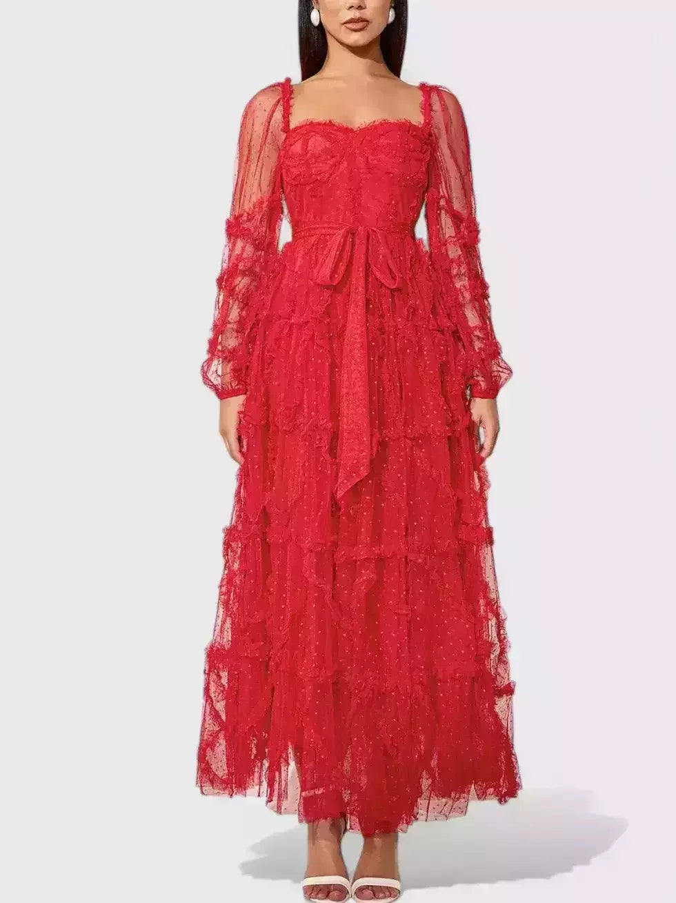 Dotted Red Ruffled Tulle and Mesh Long Dress - S - Dresses