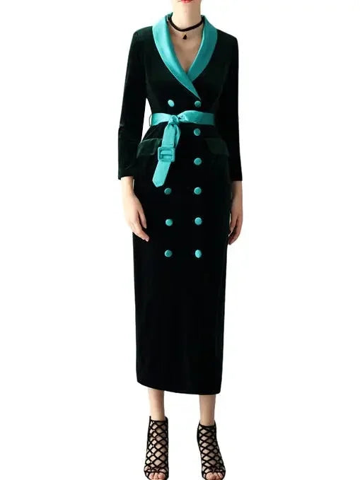 Double-Breasted Belted Velvet Midi Dress Green - Dresses