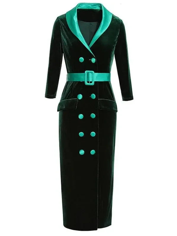 Double-Breasted Belted Velvet Midi Dress Green - s - Dresses