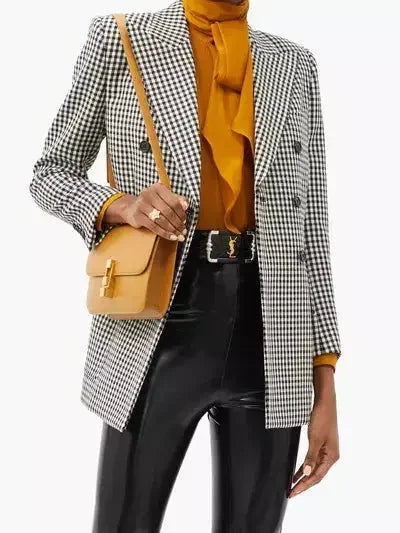 Double-Breasted Black and White Gingham Wool Blazer - Jackets