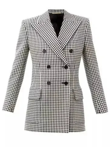 Double-Breasted Black and White Gingham Wool Blazer - Jackets