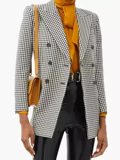 Double-Breasted Black and White Gingham Wool Blazer - Jackets