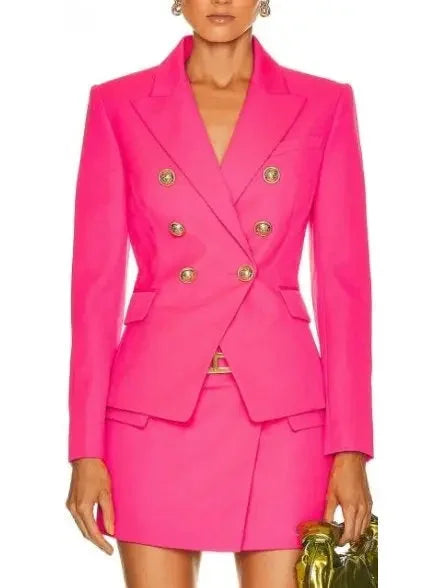 Double-Breasted Blazer and Skirt Set in Fuchsia Pink - Suits & Sets