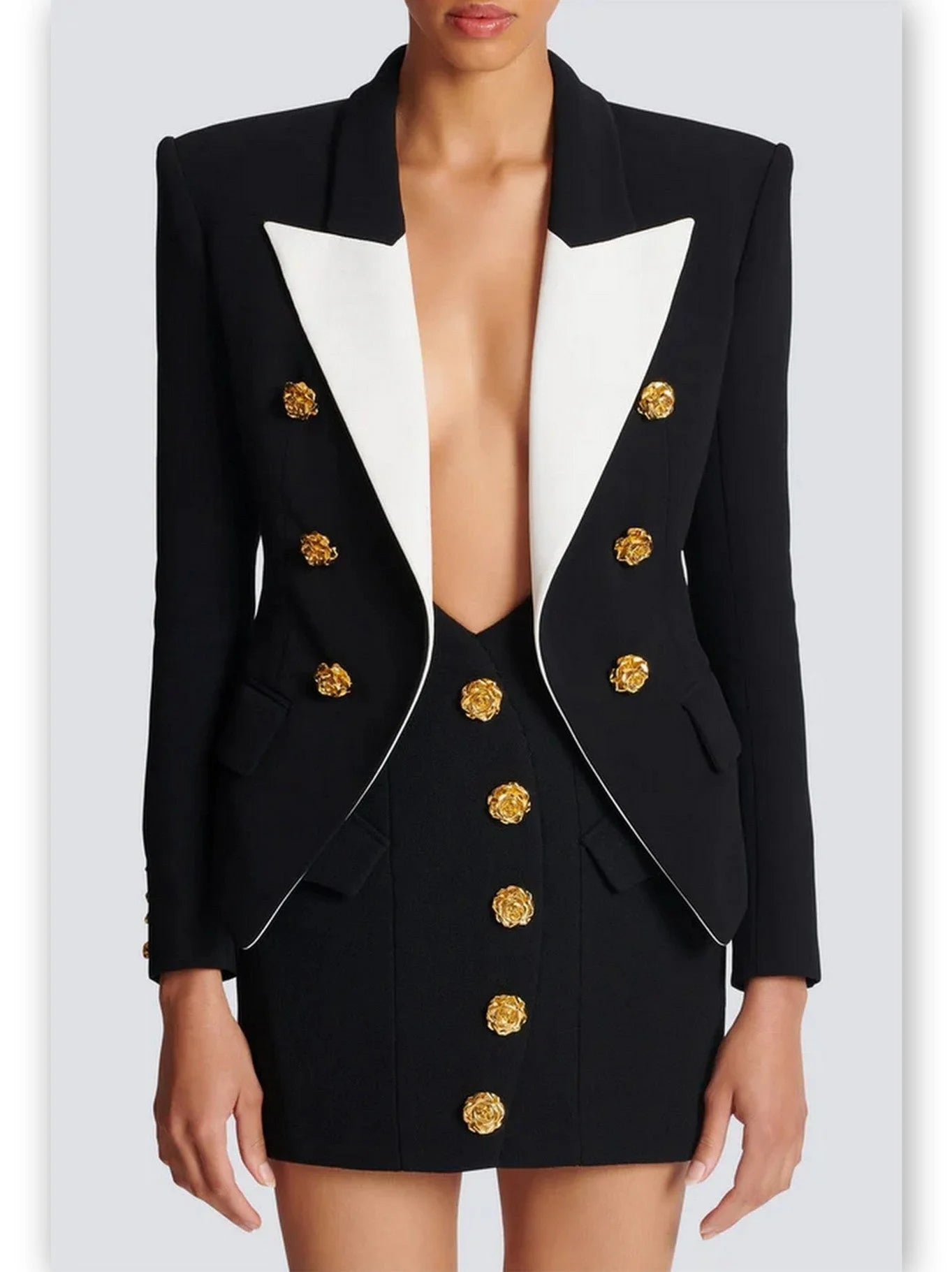 Double-Breasted Blazer and Suspender Mini Skirt Set - Suits & Sets