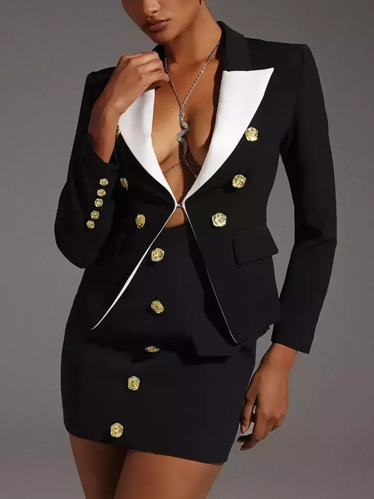 Double-Breasted Blazer and Suspender Mini Skirt Set - Suits & Sets