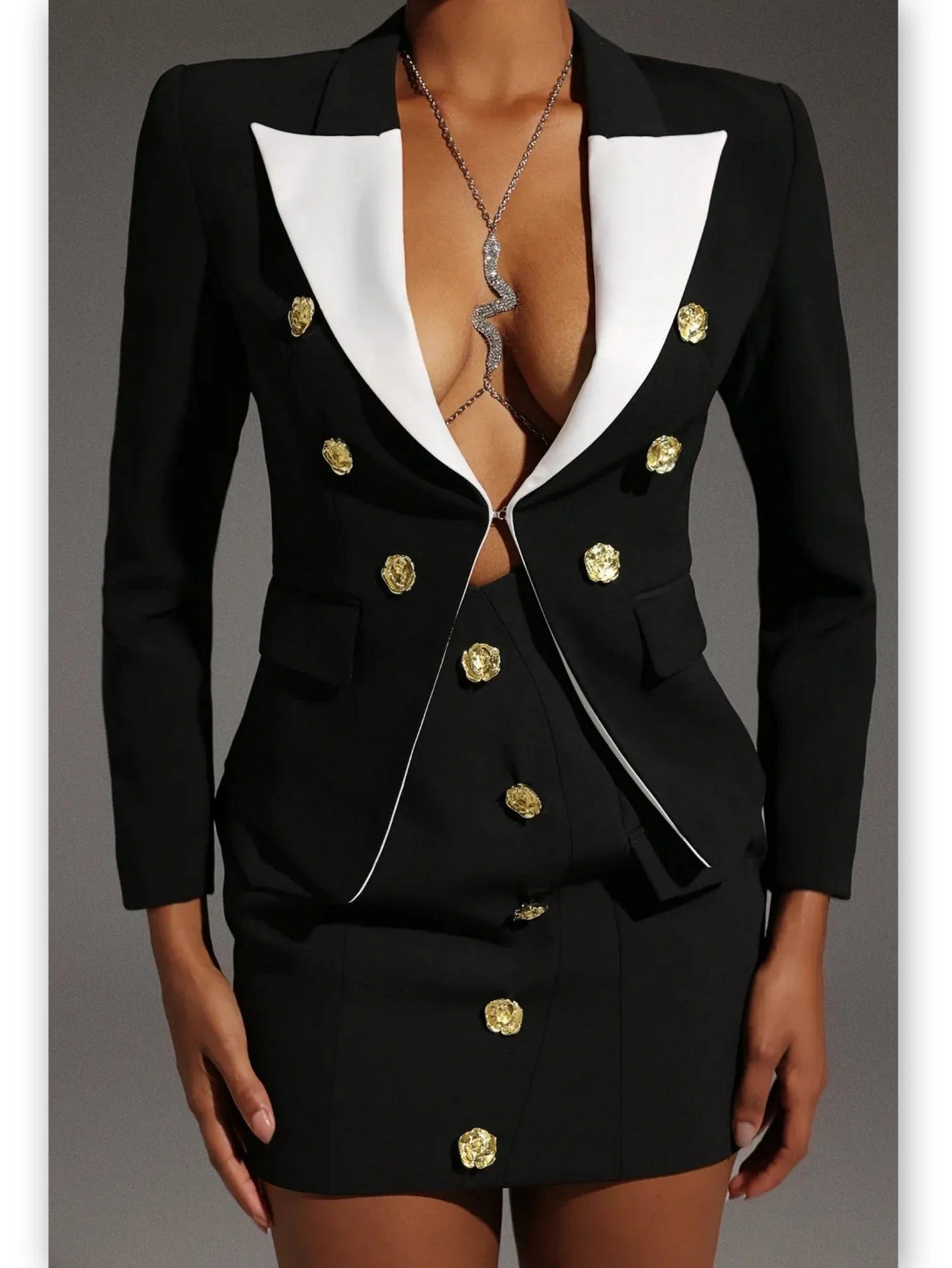 Double-Breasted Blazer and Suspender Mini Skirt Set - M - Suits & Sets