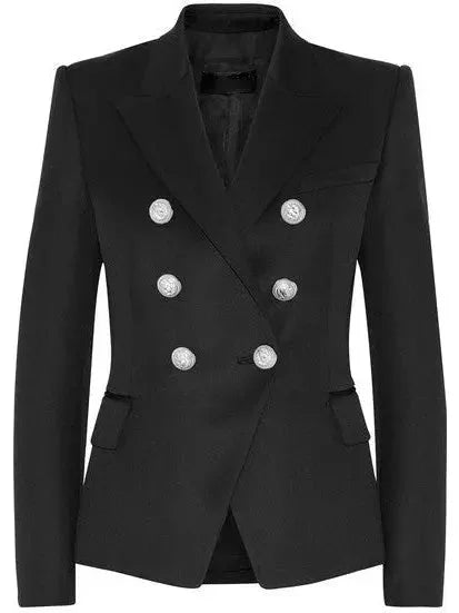Double-Breasted Blazer with Silver Lion Head Buttons Black - Jackets