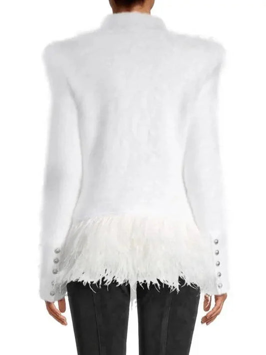 Double-Breasted Feather Trim Jacket White - Jackets