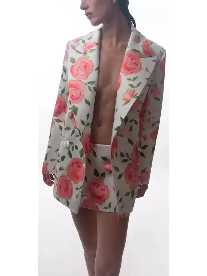 Double-Breasted Floral Printed Blazer and Mini Skirt Set - Suits & Sets