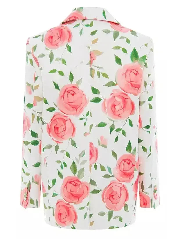 Double-Breasted Floral Printed Blazer and Mini Skirt Set - Suits & Sets