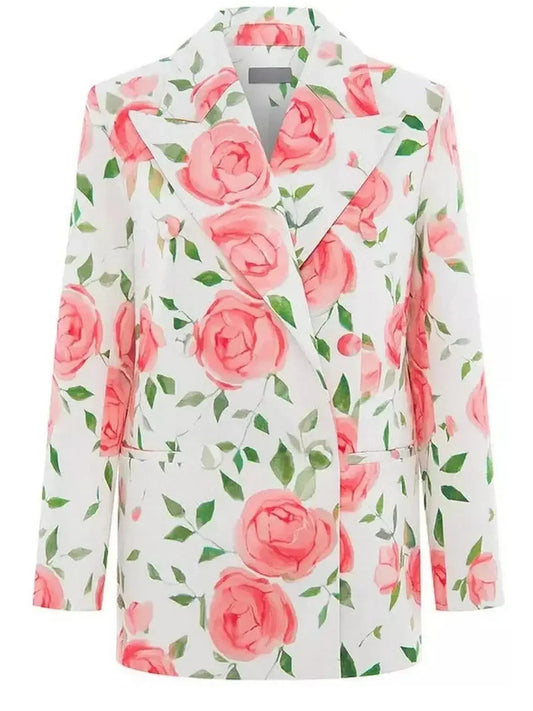 Double-Breasted Floral Printed Blazer and Mini Skirt Set - Suits & Sets