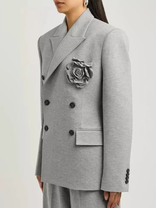 Double-Breasted Gray Jersey Blazer with Floral Applique - Jackets