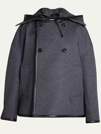 Gray hooded wool cape from a Double-Breasted Hooded Grey Short Wool Coat