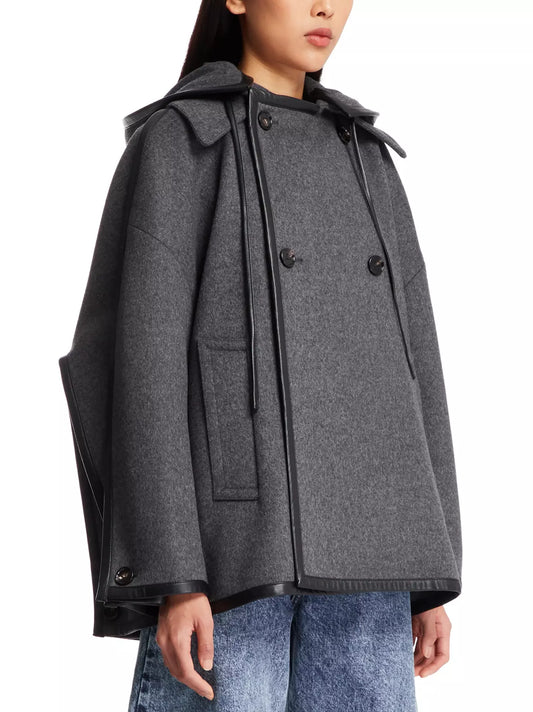 Gray hooded wool cape from the Double-Breasted Hooded Grey Short Wool Coat