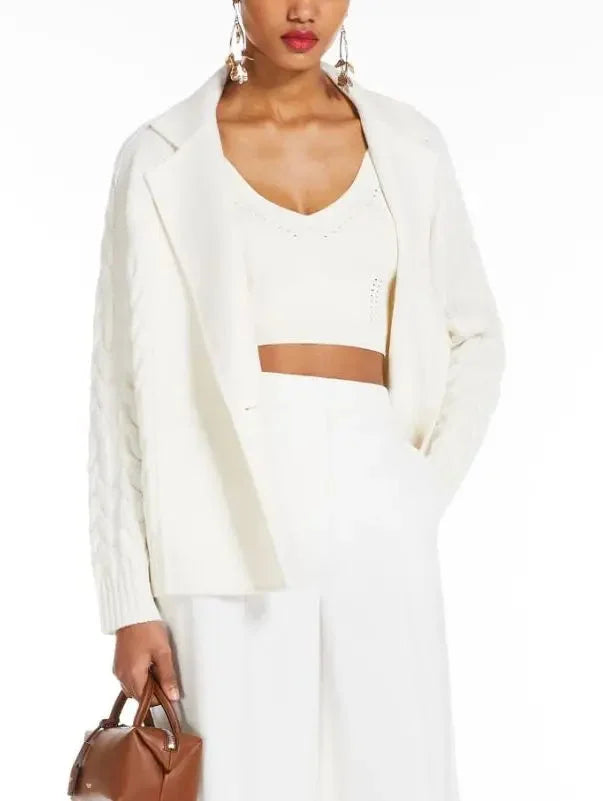 Double-Breasted Knit Pea Coat Jacket in Vanilla - Jackets