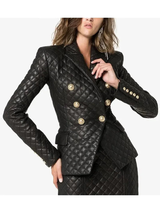 Double-Breasted Leather Quilted Blazer - Jackets