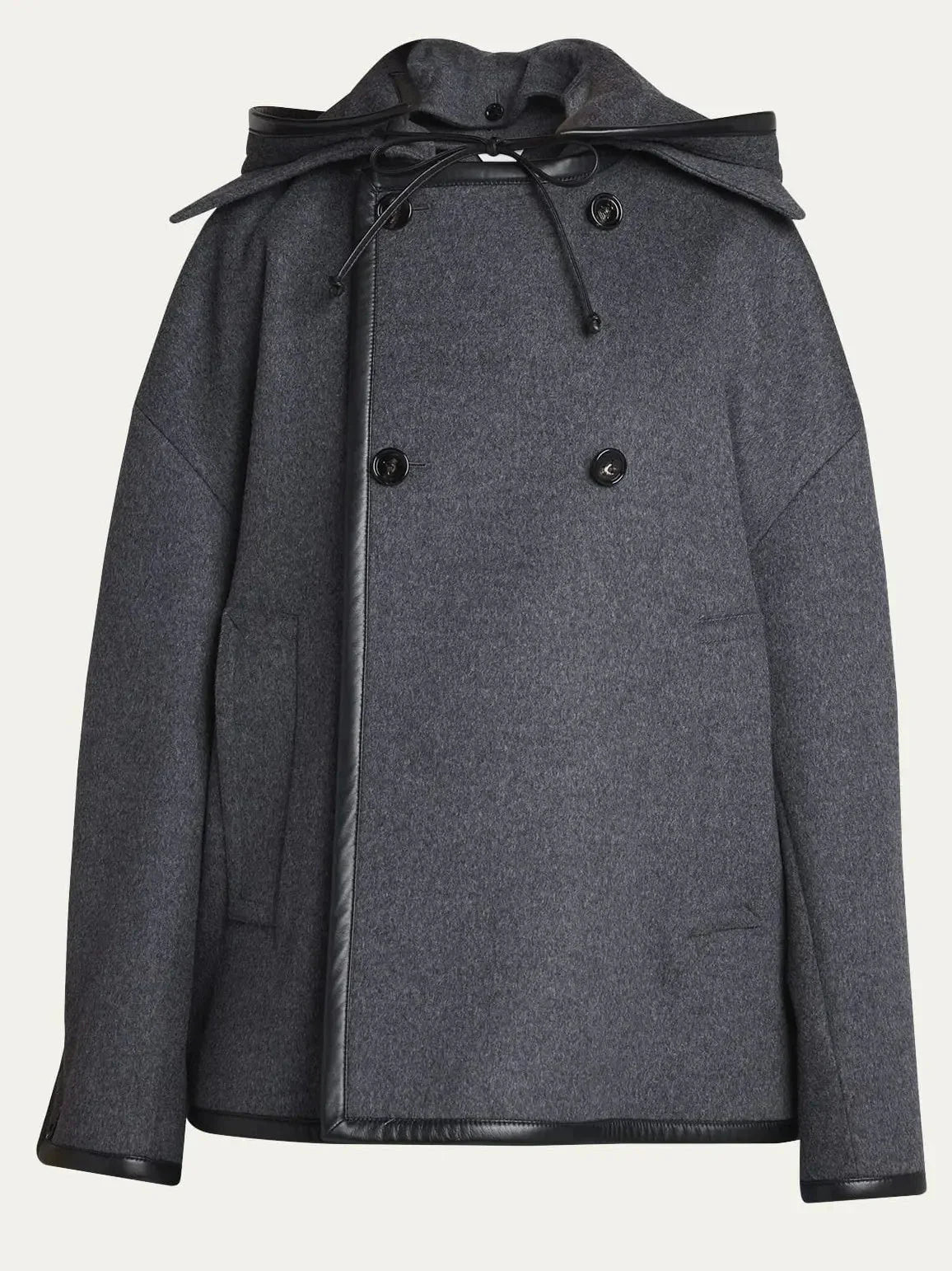 Double-Breasted Leather Trim Hooded Jacket - Jackets
