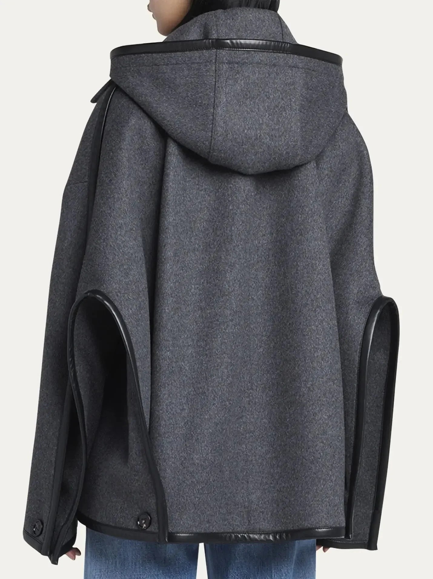 Double-Breasted Leather Trim Hooded Jacket - Jackets