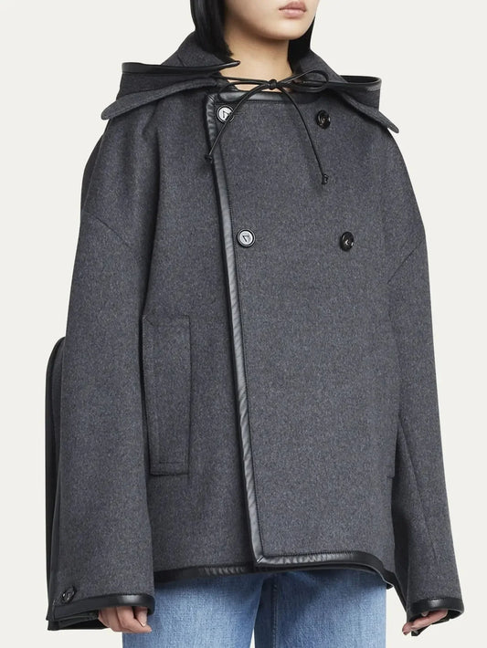 Double-Breasted Leather Trim Hooded Jacket - Jackets