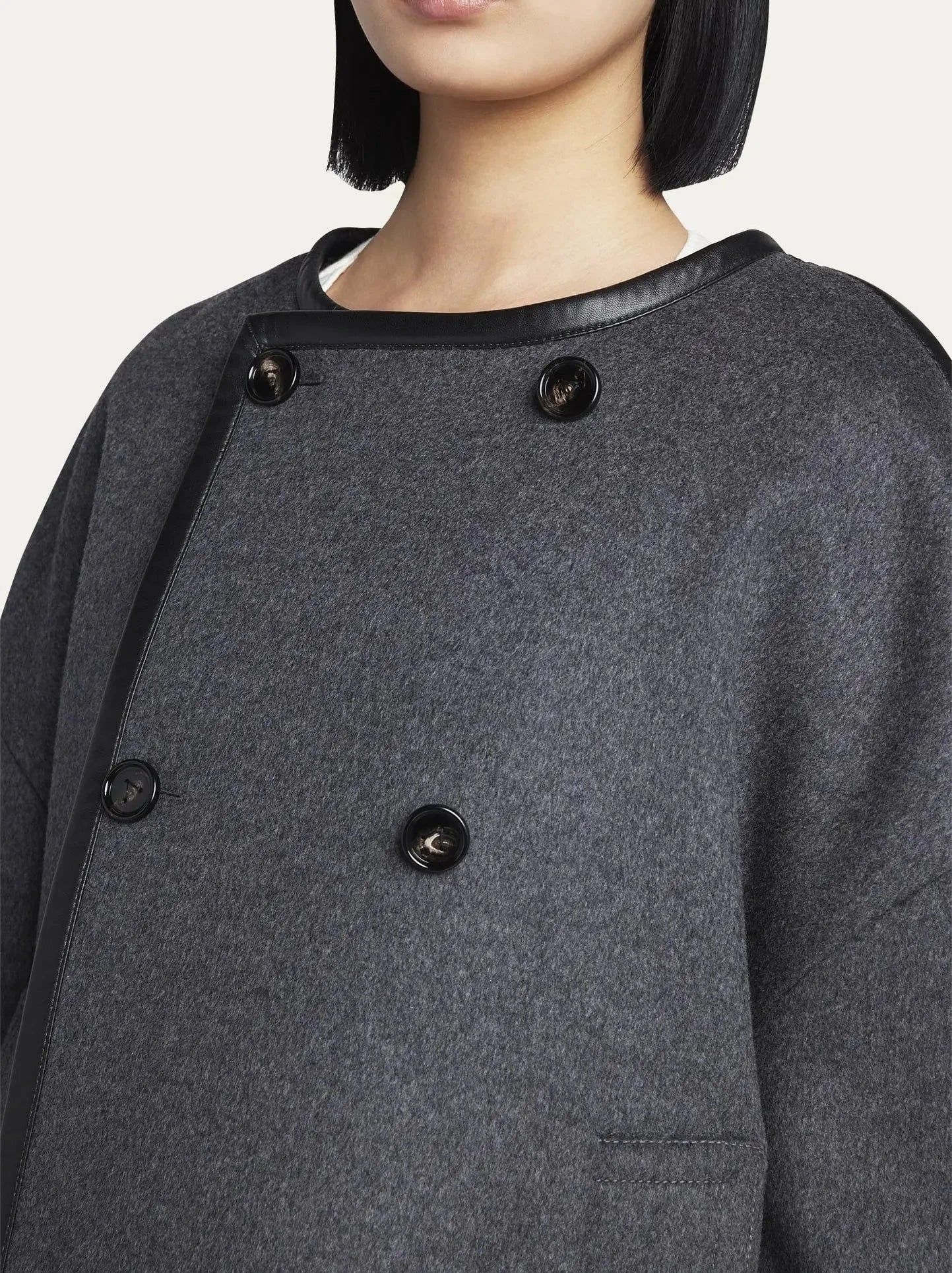 Double-Breasted Leather Trim Hooded Jacket - Jackets