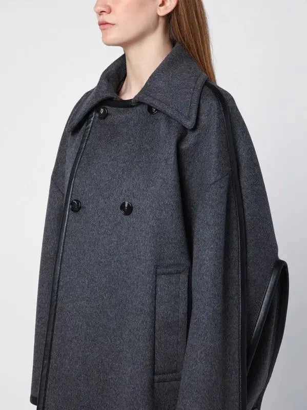 Double-Breasted Leather Trim Hooded Jacket - Jackets