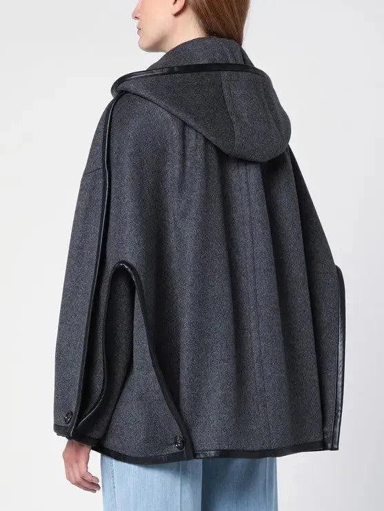Double-Breasted Leather Trim Hooded Jacket - Jackets