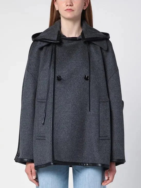 Double-Breasted Leather Trim Hooded Jacket - Jackets