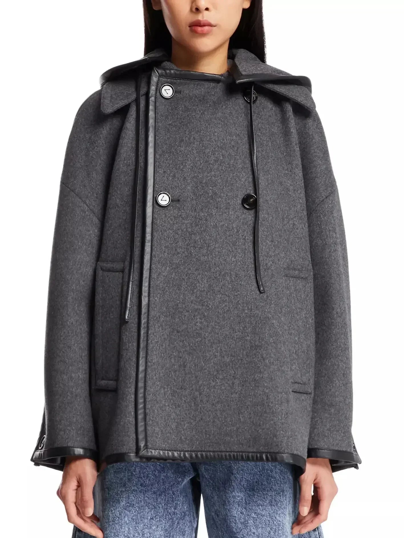 Double-Breasted Leather Trim Hooded Jacket - Jackets