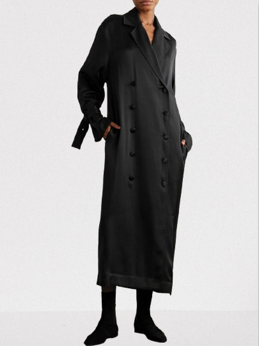 Double-Breasted Long Satin Black Trench Coat - Coats