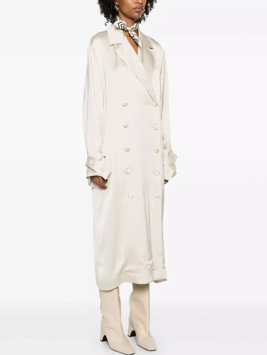Double-Breasted Long Satin Trench Coat - Coats