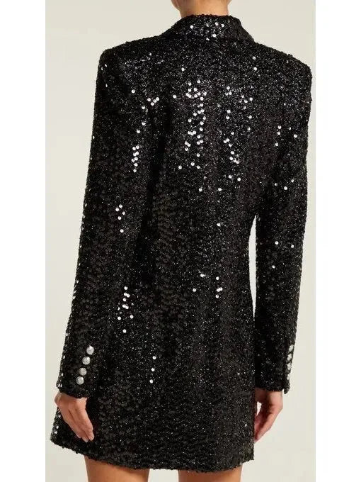 Double-Breasted Long Sequin Blazer in Black - Jackets