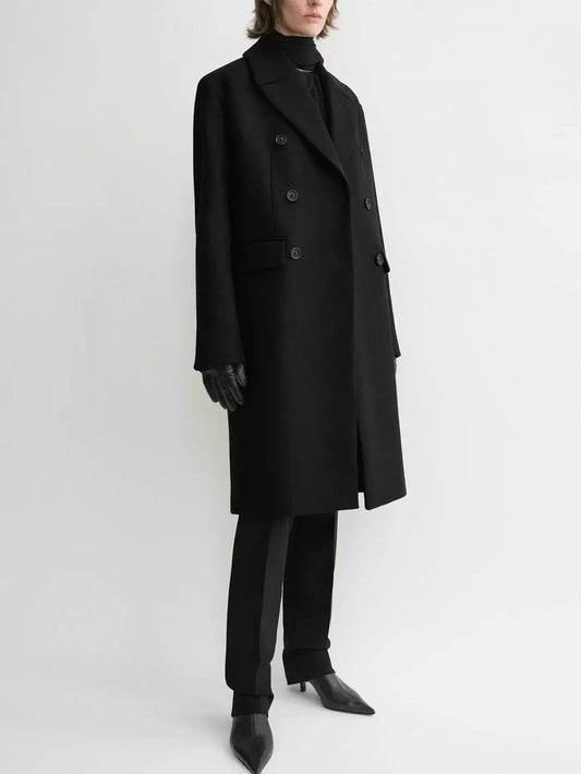 Double-Breasted Oversize Black Wool Coat - Coats