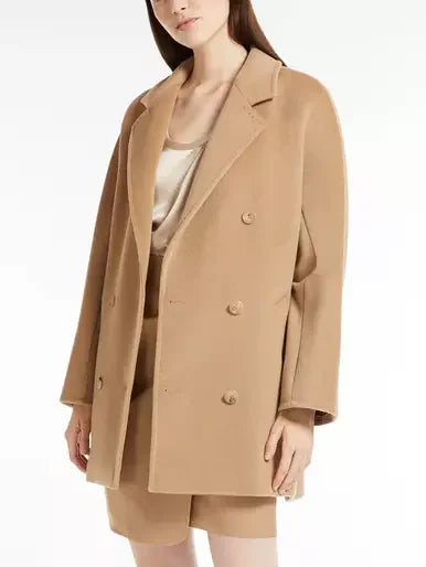 Double-Breasted Oversize Wool and Cashmere Coat in Camel - Coats