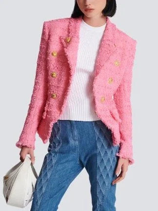 Double-Breasted Pink Tweed Jacket - Jackets