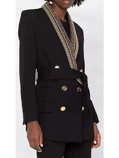 Double-Breasted Stud-Embellished Belted Jacket - Jackets