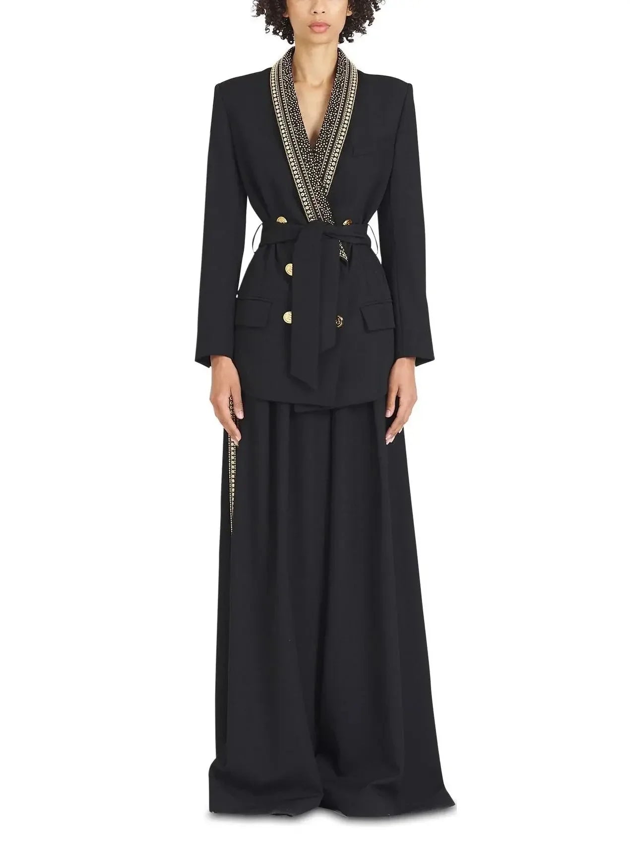 Double-Breasted Stud-Embellished Belted Jacket - Jackets