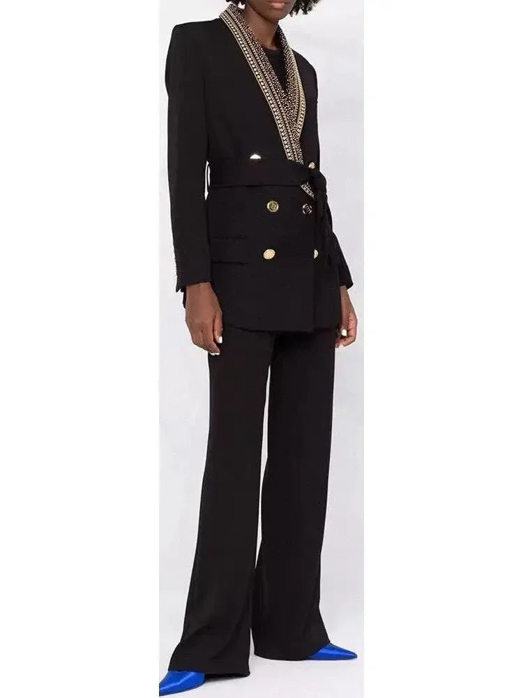 Double-Breasted Stud-Embellished Belted Jacket - small - Jackets