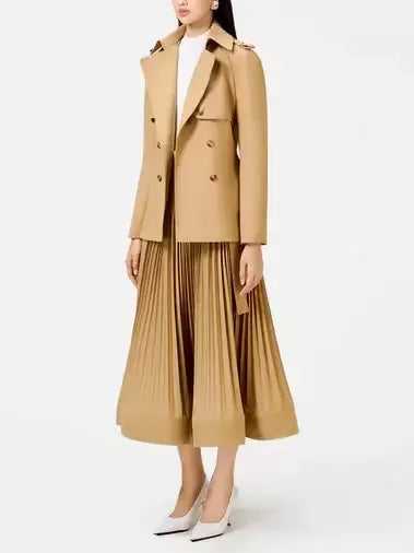 Double-Breasted Trench Jacket and Pleated Skirt Set - Suits & Sets