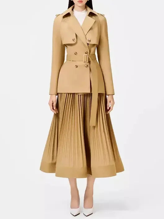 Double-Breasted Trench Jacket and Pleated Skirt Set - Suits & Sets